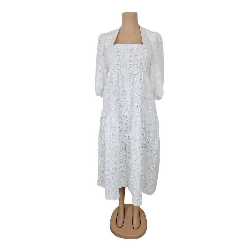 Nicholas back button eyelet cotton fabric closure Sleeves Dress Size‎ 10 White